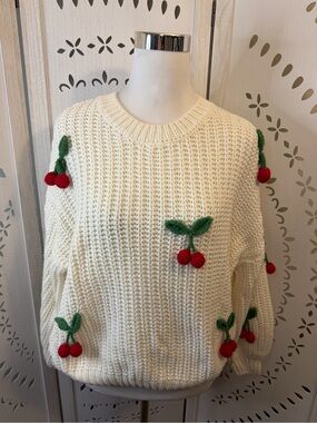 NWT Cream Hanging Cherries Knit Sweater - Women's